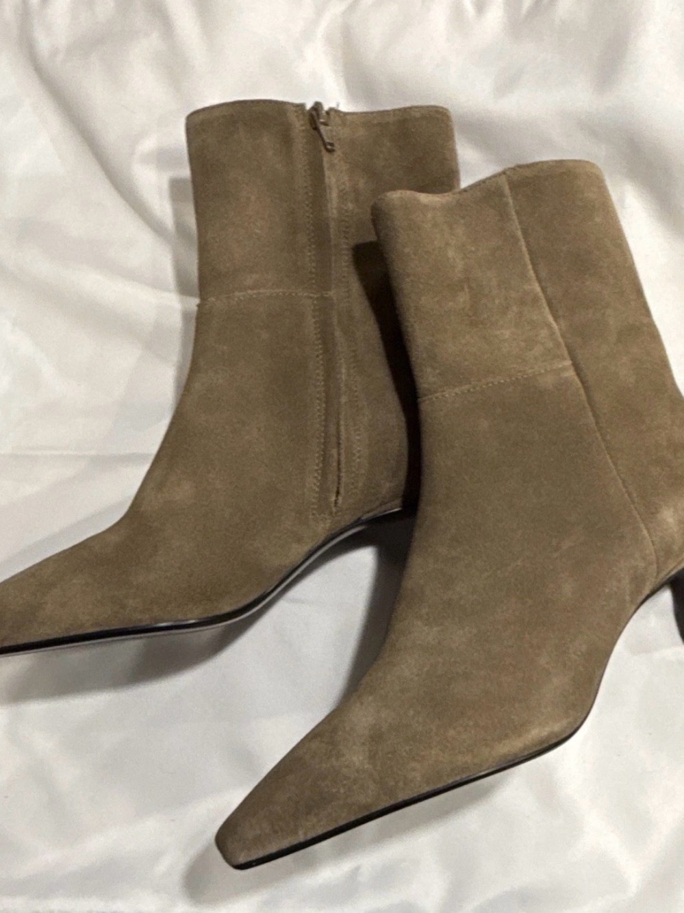 Zara Olive Taupe Suede Pointed Ankle Boots with Side Zip
